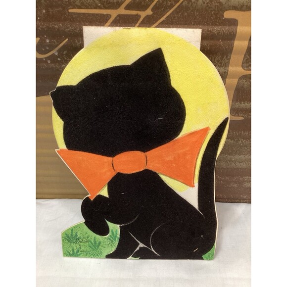 Gibson Halloween Flocked Black Cat Greeting Card Die Cut Stand Up Double Sided - Picture 2 of 10